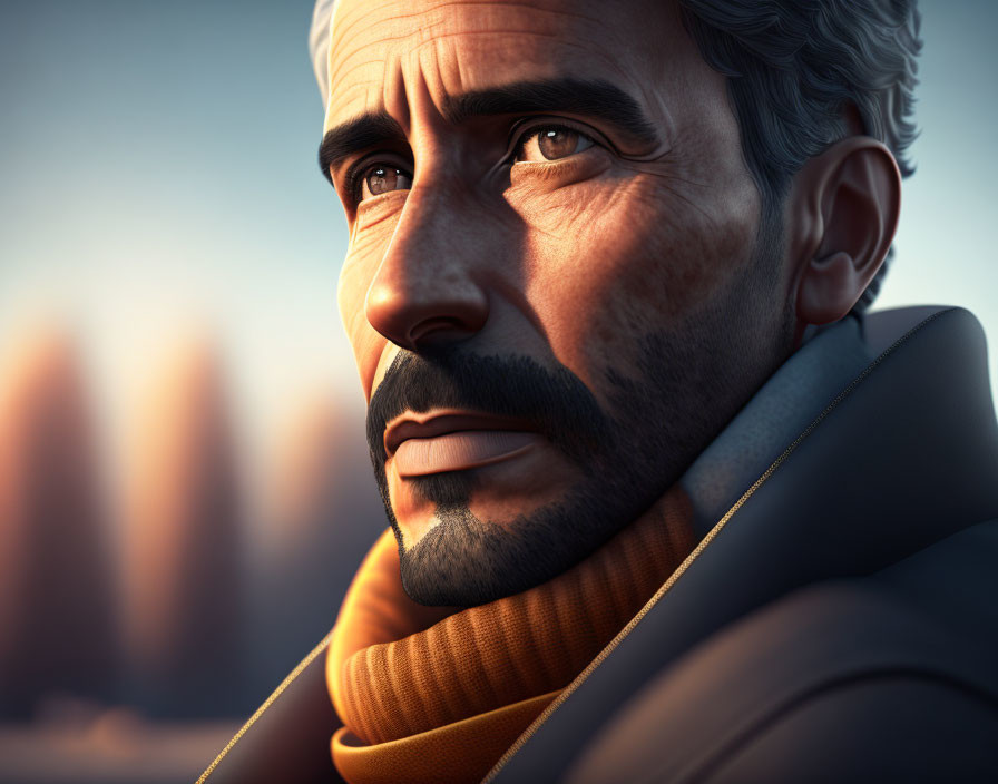 Man in suit with gray hair and orange scarf, CGI portrait with serious expression and sunset background