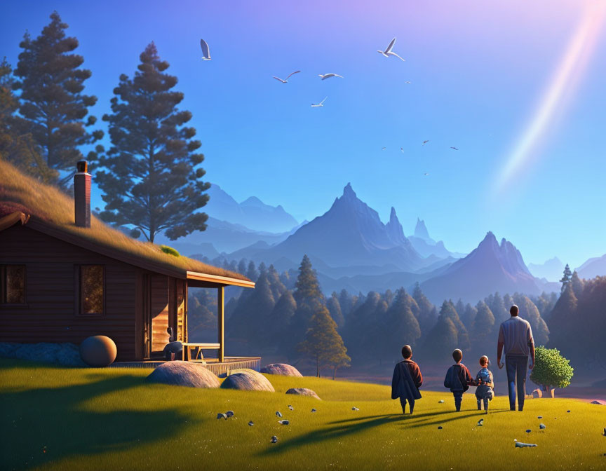 Family walking towards forest with mountains, cabin, and birds at dawn or dusk