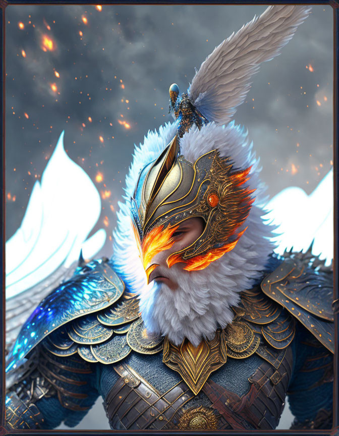 Fiery eagle-headed fantasy warrior in ornate armor against ember-filled sky