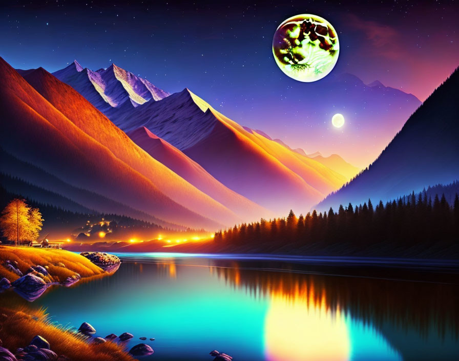 Digital artwork of vibrant mountain landscape at night with green moon, reflective lake, glowing trees, and illuminated