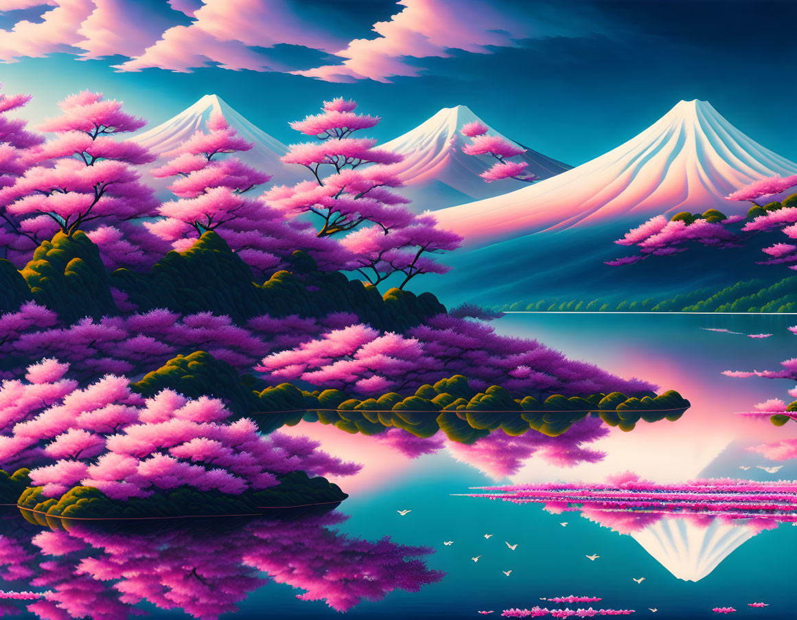 Colorful Pink Trees Reflecting on Water with Mountains in Twilight Sky