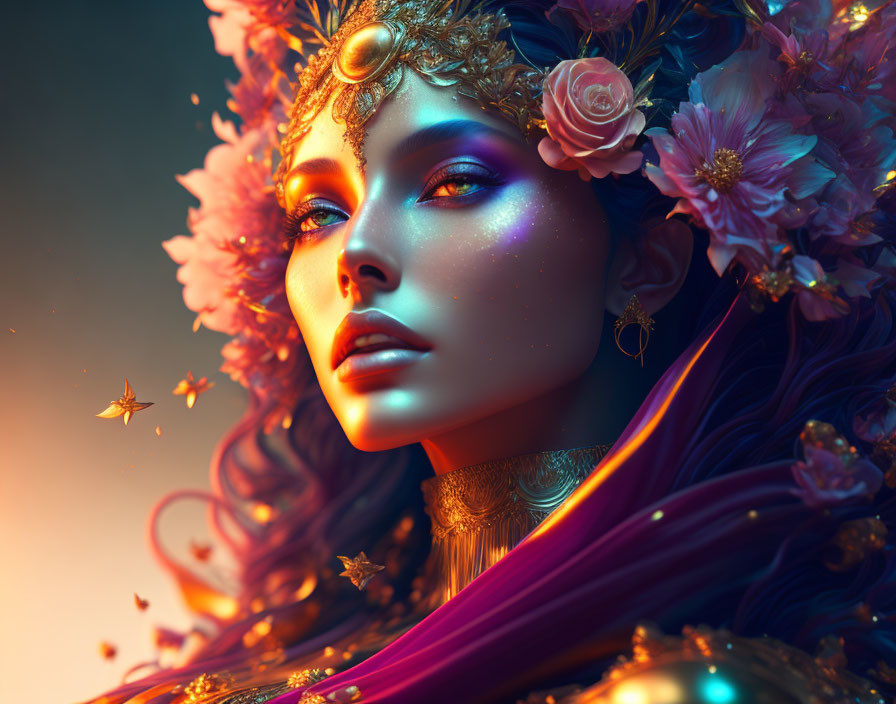 Fantasy figure with floral headpiece and vibrant makeup in magical setting