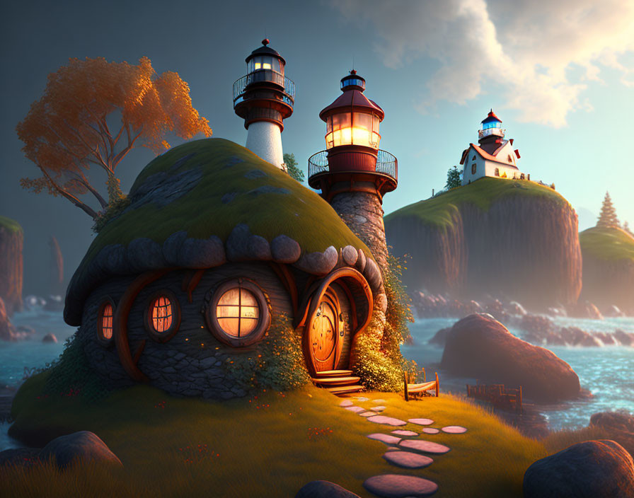 Whimsical house with round windows, lighthouses, and sunset sky