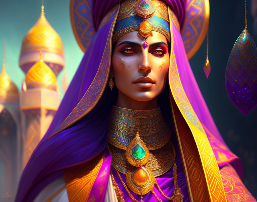 Illustrated woman in vibrant purple and gold attire with ornate headdress against fantastical architecture