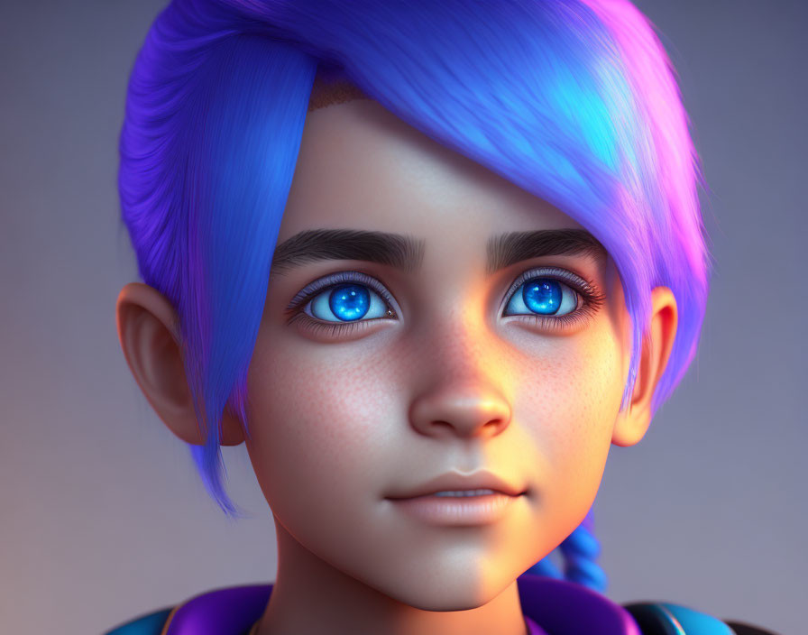 Child's 3D digital portrait with bright blue hair and eyes