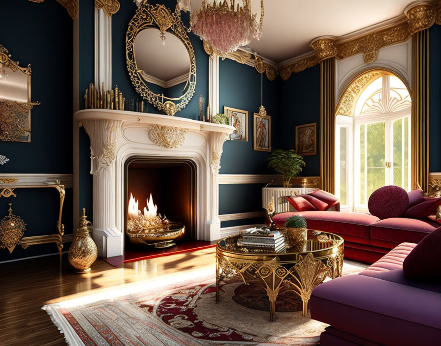 Luxurious Room with Fireplace, Red Sofas, Gold Accents & Chandelier