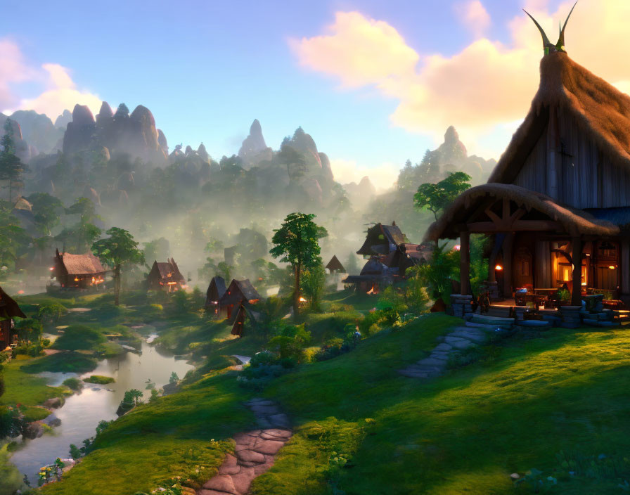 Scenic village with thatched-roof houses in lush valley at sunrise