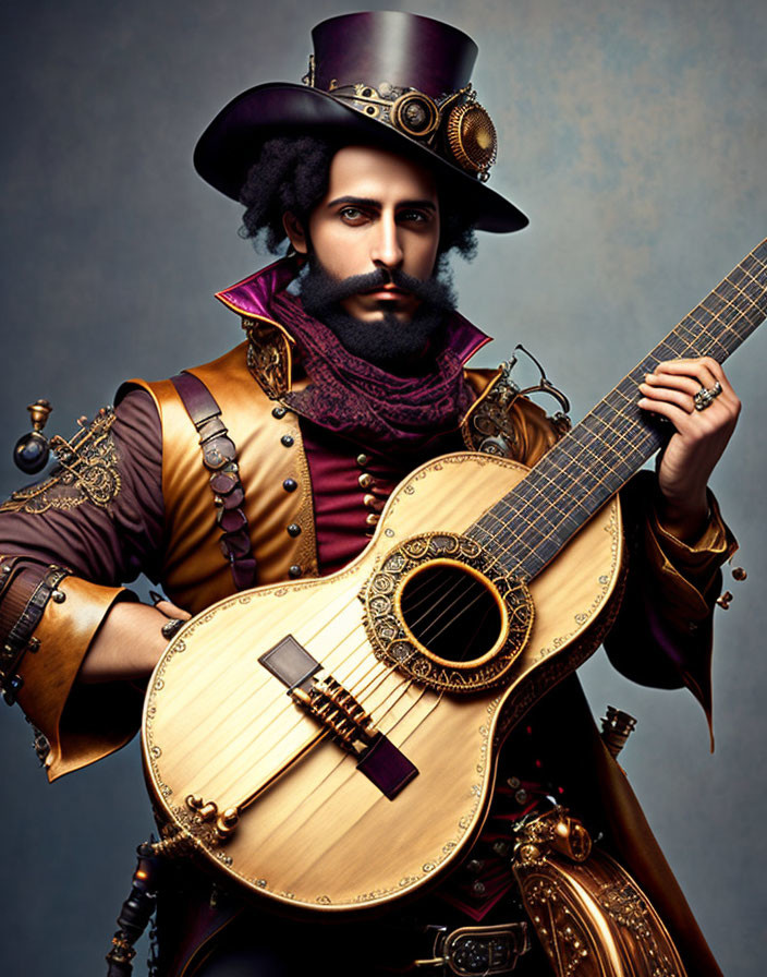 Elaborate steampunk outfit with guitar and top hat