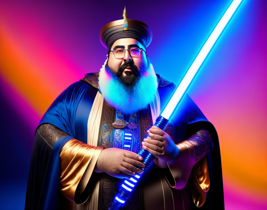 Portly man in ancient-inspired attire wields blue lightsaber on vibrant background