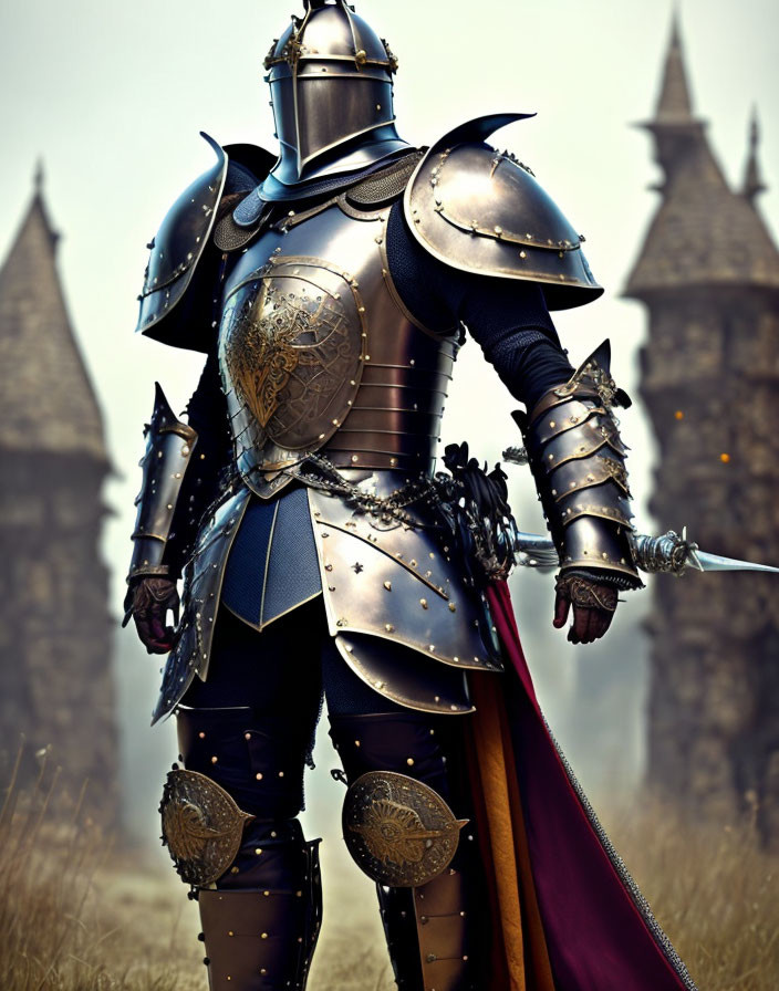 Knight in ornate armor with sword in misty medieval towers landscape