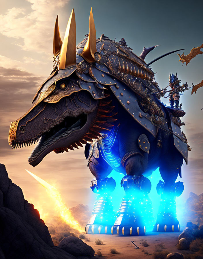 Armored dragon with golden horns in rocky terrain under twilight sky