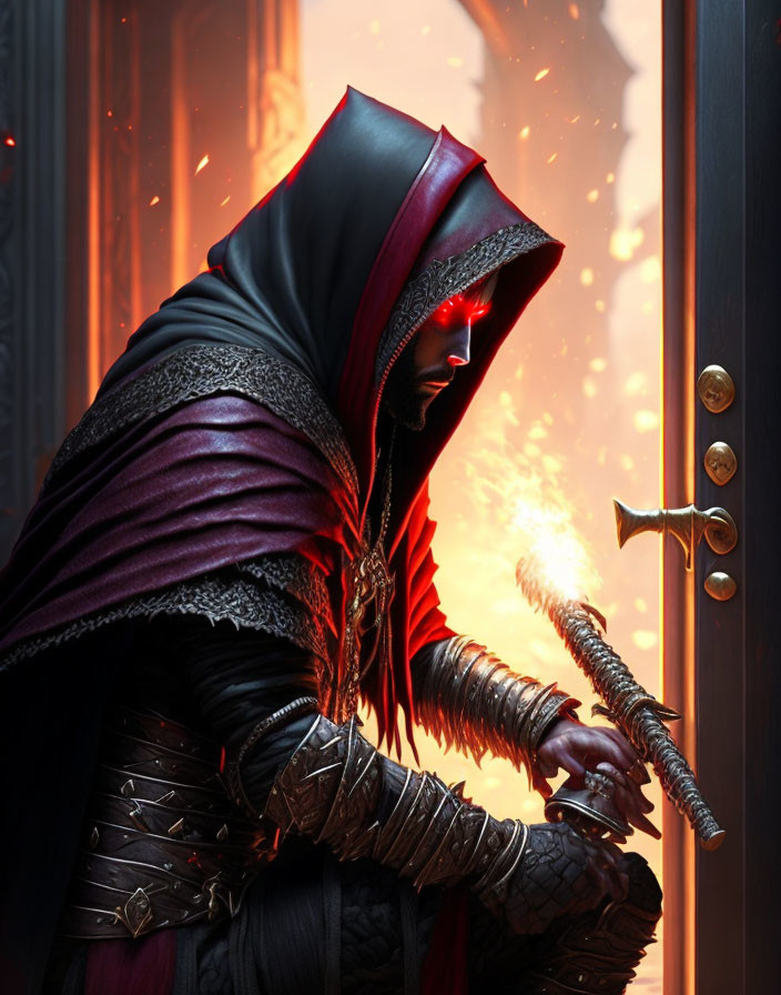 Hooded figure in red and black armor with glowing sword in front of fiery backdrop