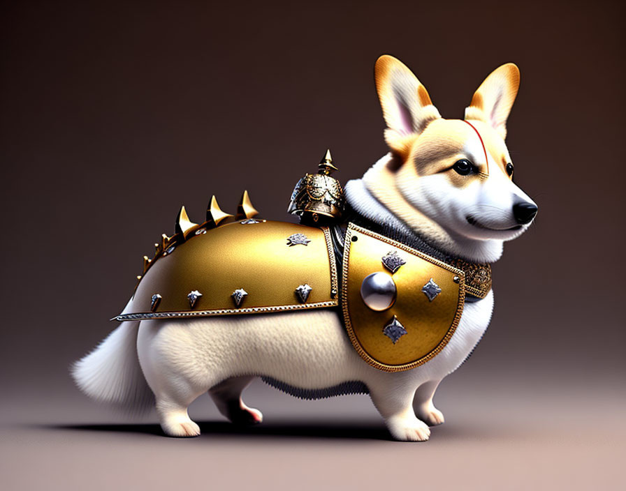 Digital artwork of a corgi in medieval armor with spikes and studs