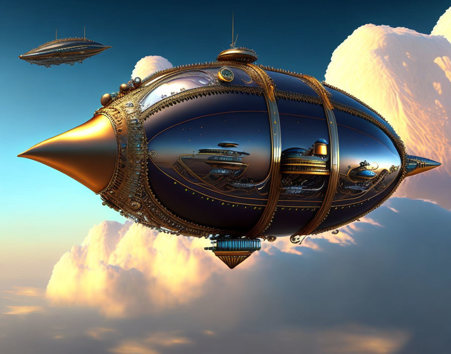 Steampunk-style airship with bronze detailing in sunset clouds