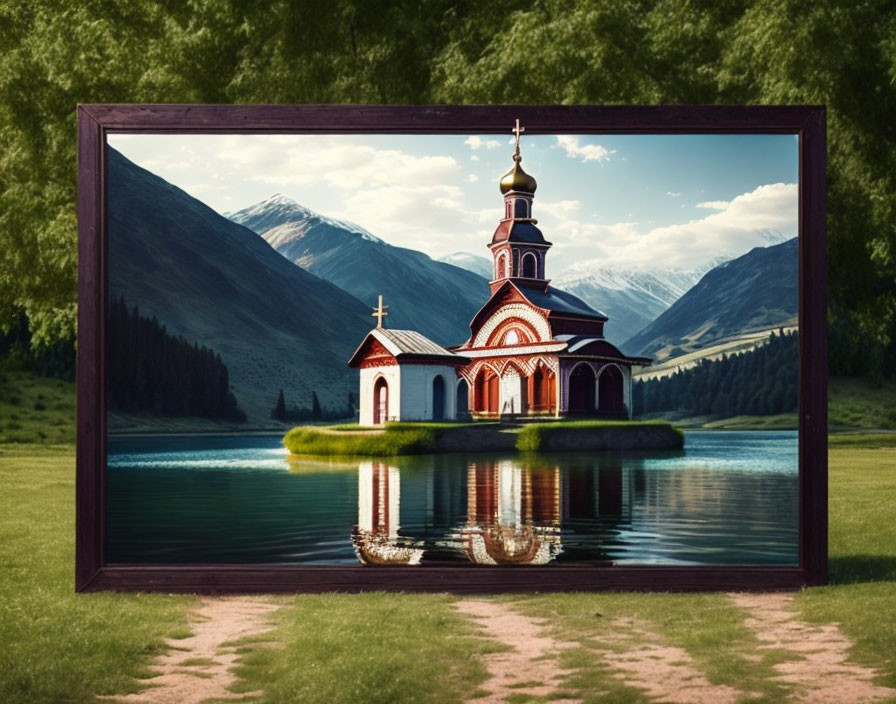 Scenic framed image of small church on island with mountain backdrop