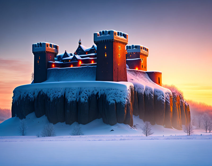 Majestic castle with lit towers on snowy cliff at dusk