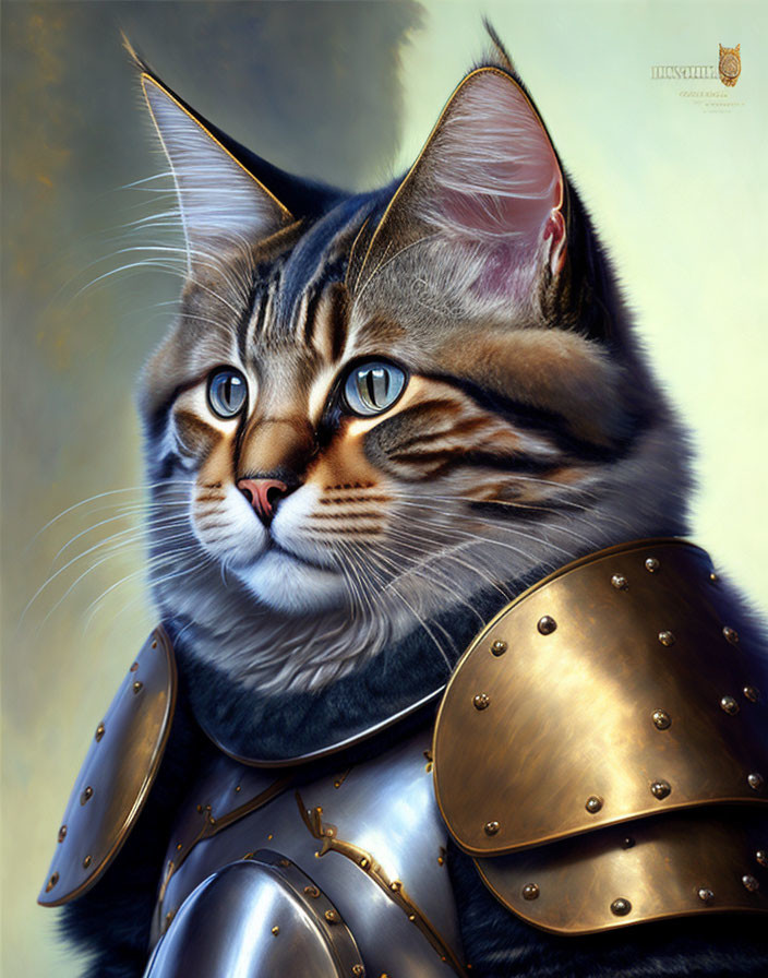 Digital Artwork: Cat with Blue Eyes in Medieval Armor