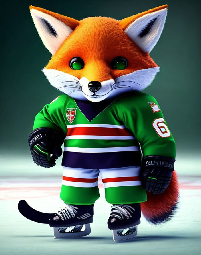 Cartoon fox in green hockey jersey with number 69, helmet, gloves, skates