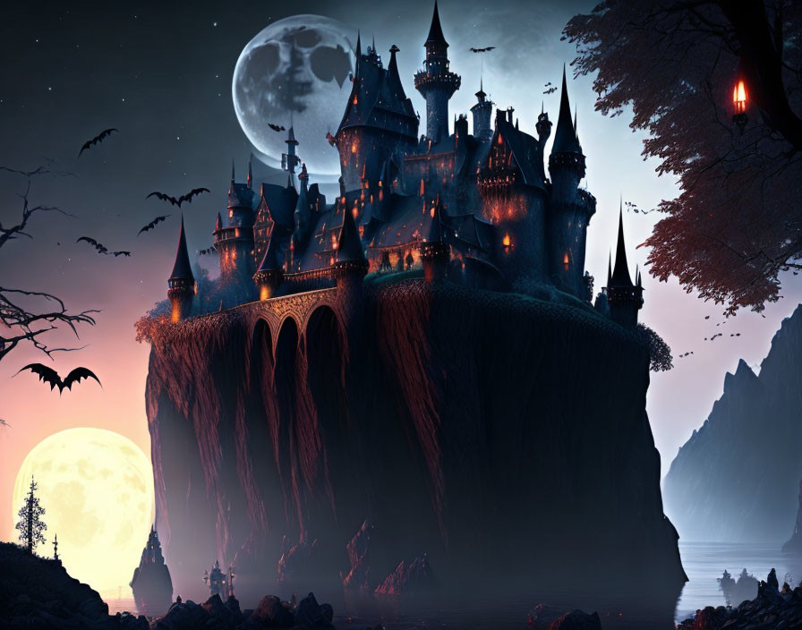 Gothic castle on cliff with two moons, lantern-lit path, and boat in water