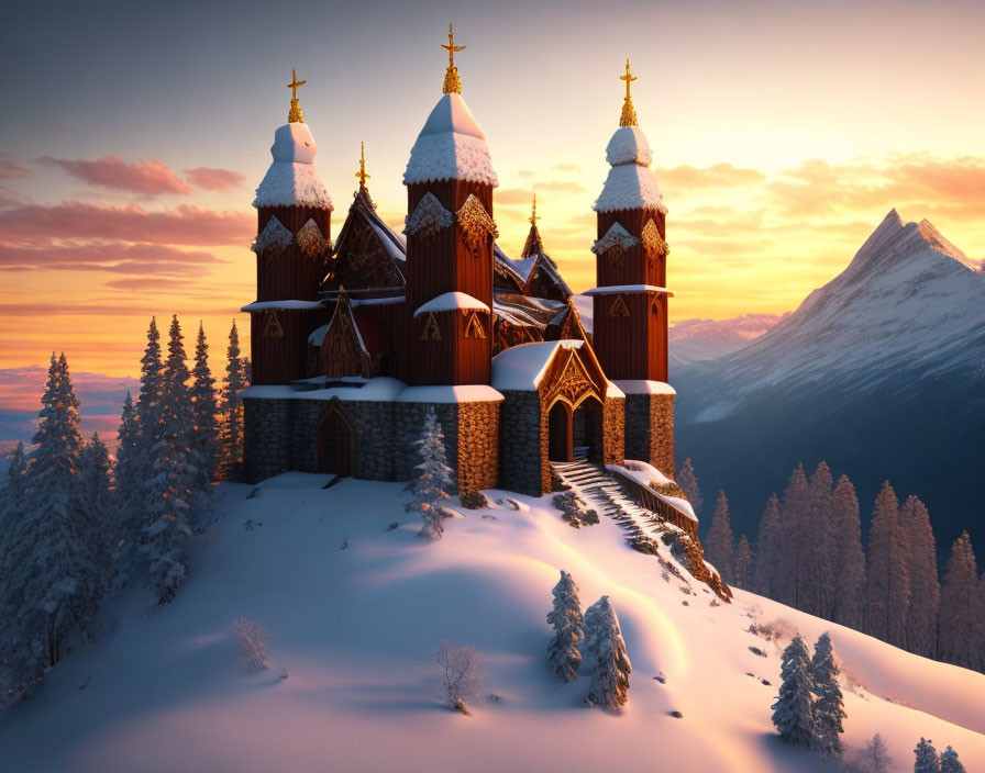 Wooden church with golden domes on snow-covered hill at sunset