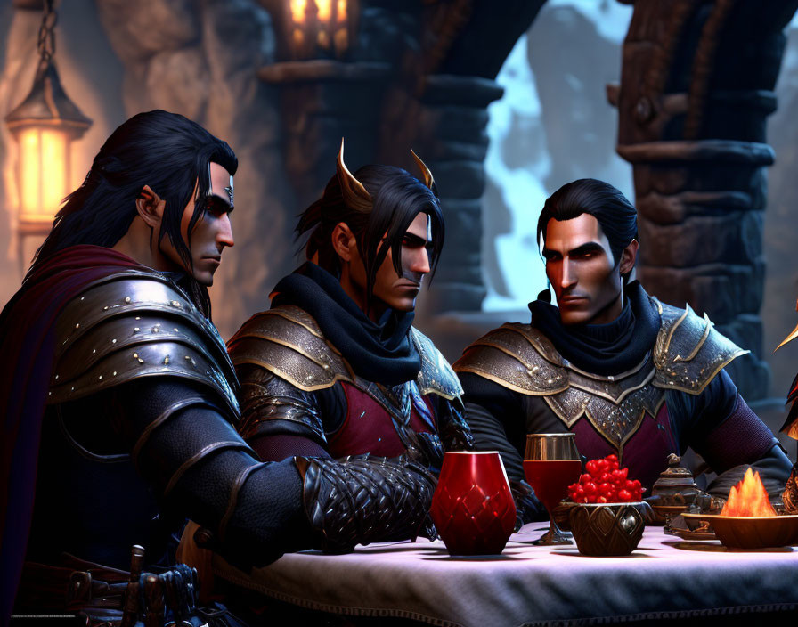 Dark-Haired Male Elves in Medieval Armor at Table with Goblets