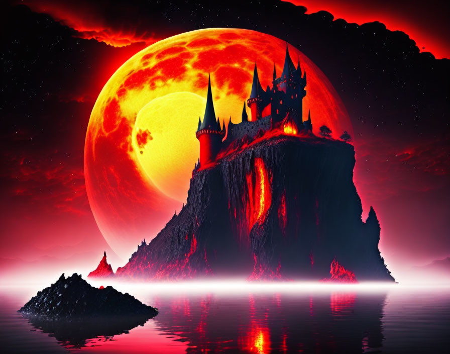 Majestic castle on lava-flowing mountain under red moon