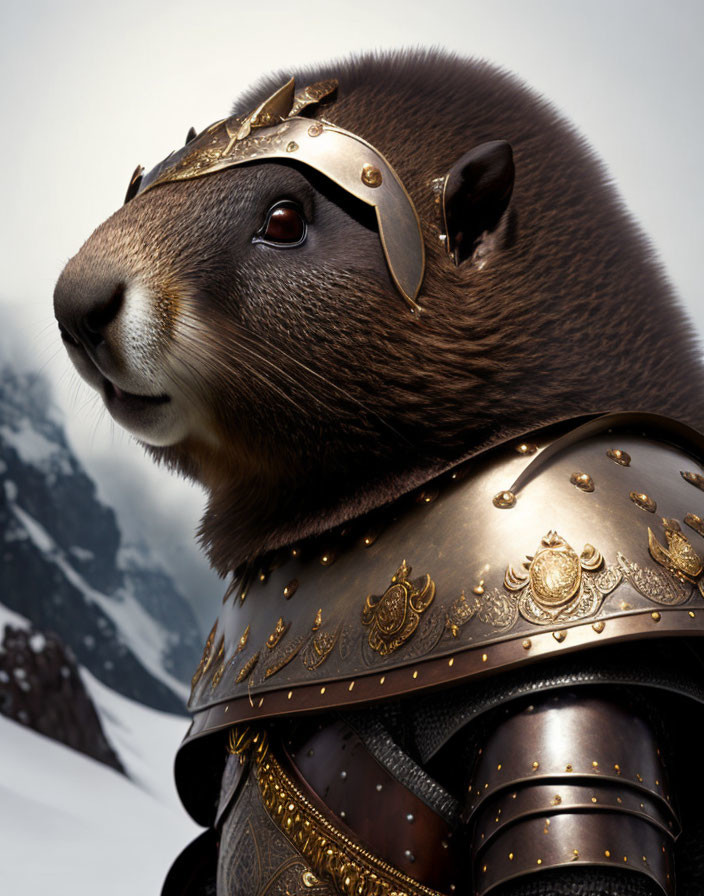 Digital anthropomorphic beaver in medieval armor on snowy mountain