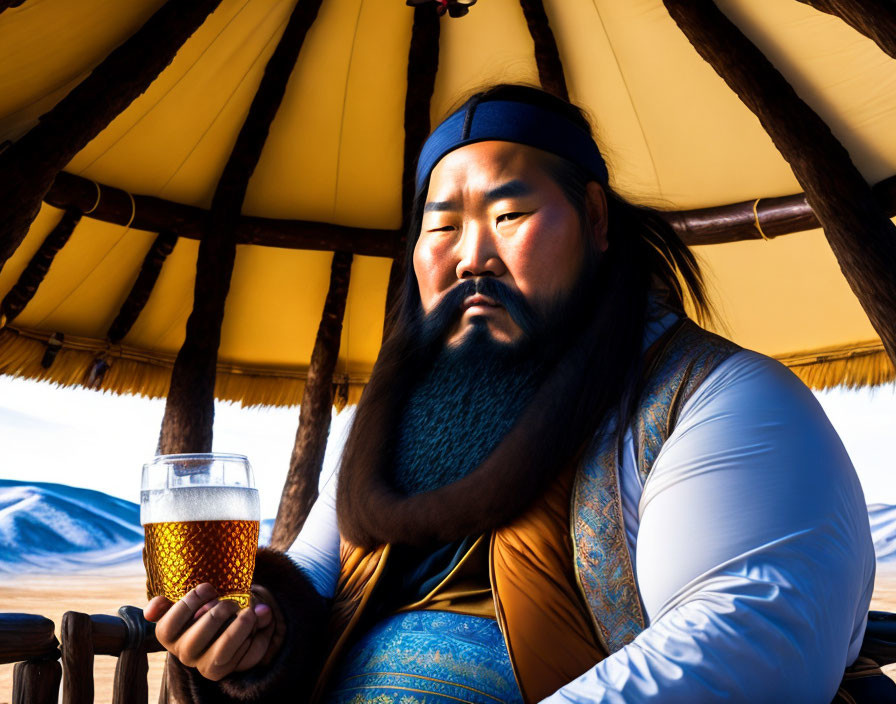 Bearded man in traditional attire holding beer glass under tent with sand dunes