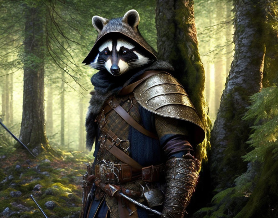 Digital illustration: Raccoon warrior in medieval armor in sunlit forest