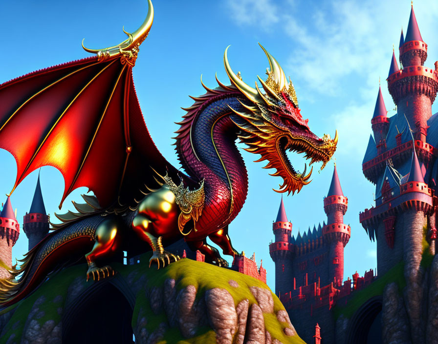 Red Dragon with Golden Horns Overlooking Castle on Rocky Outcrop