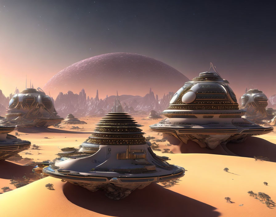 Alien desert world with futuristic domed structures