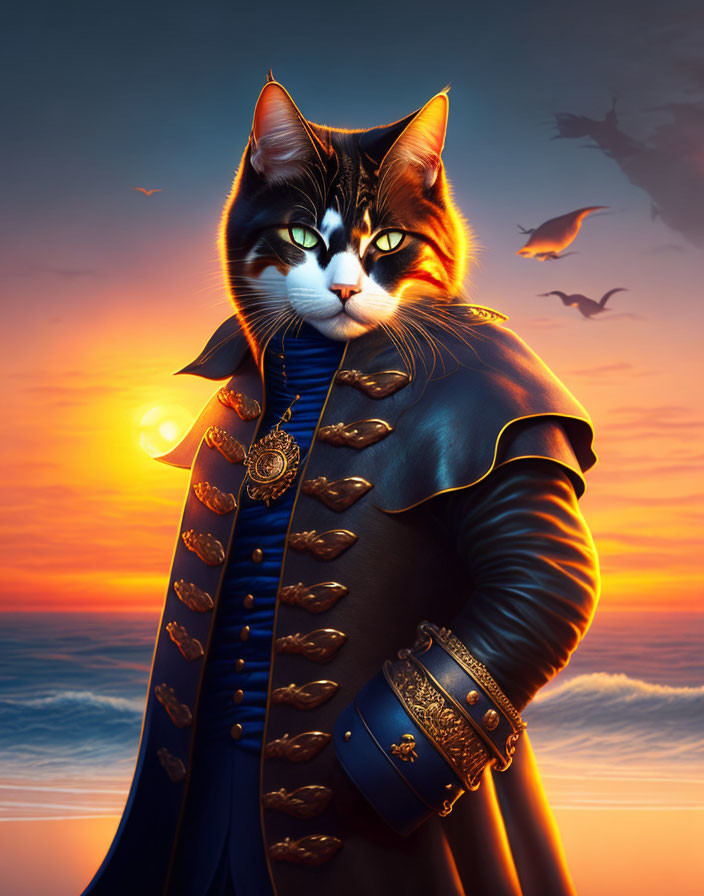 Anthropomorphic cat in Admiral uniform against sunset backdrop