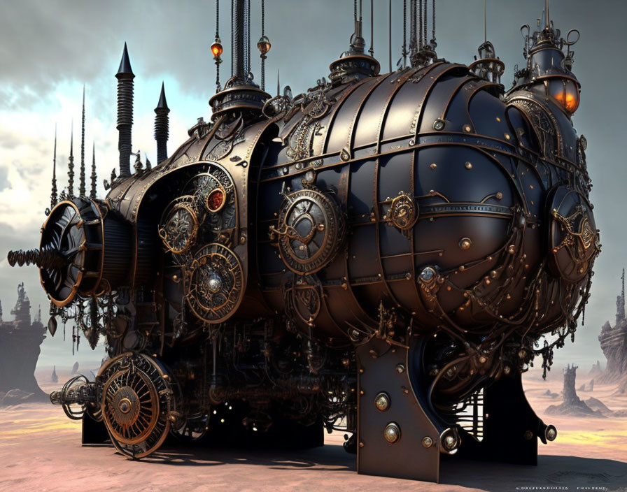 Intricate steampunk airship against dusky sky and rocky terrain