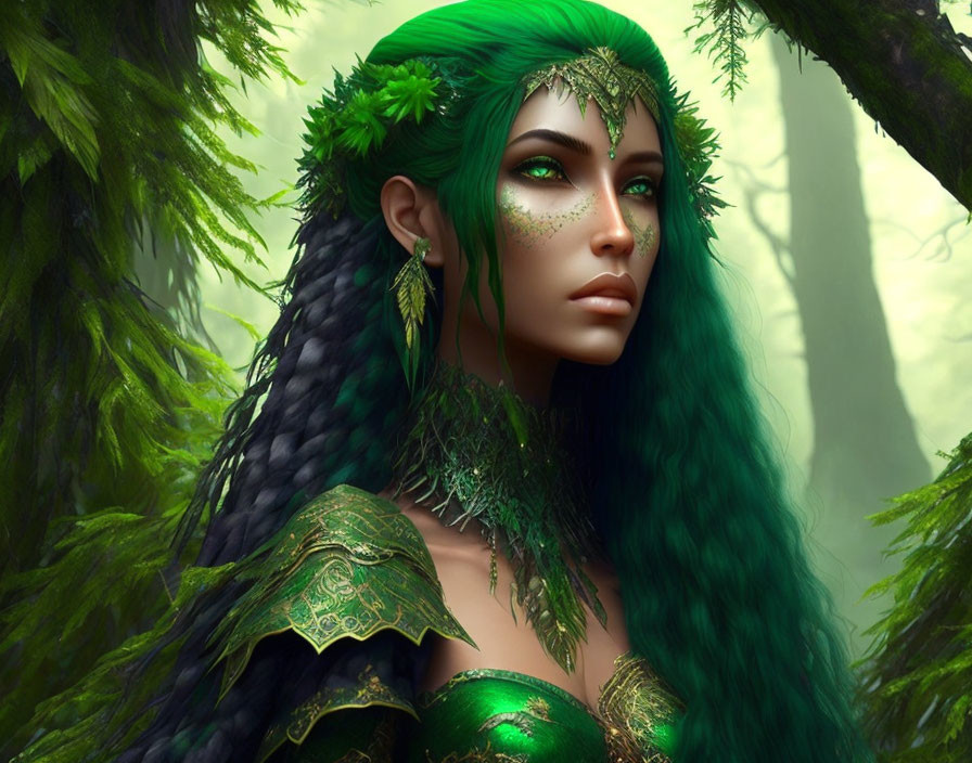 Elven woman with green hair and forest armor in misty woodland