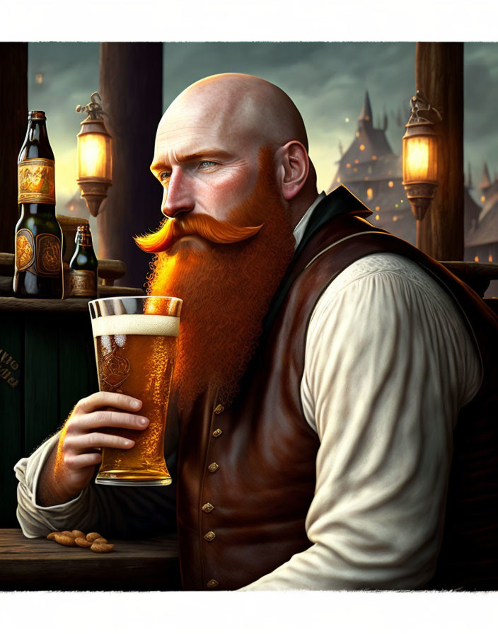 Bearded man with mustache holding beer mug in tavern with castle.