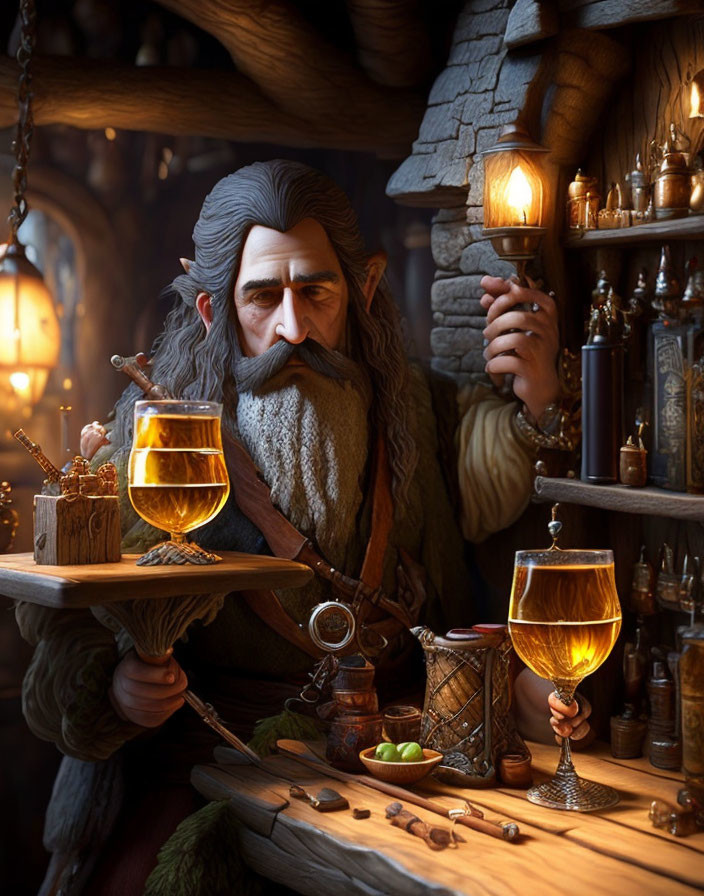 Elderly fantasy dwarf with lantern in cozy medieval tavern