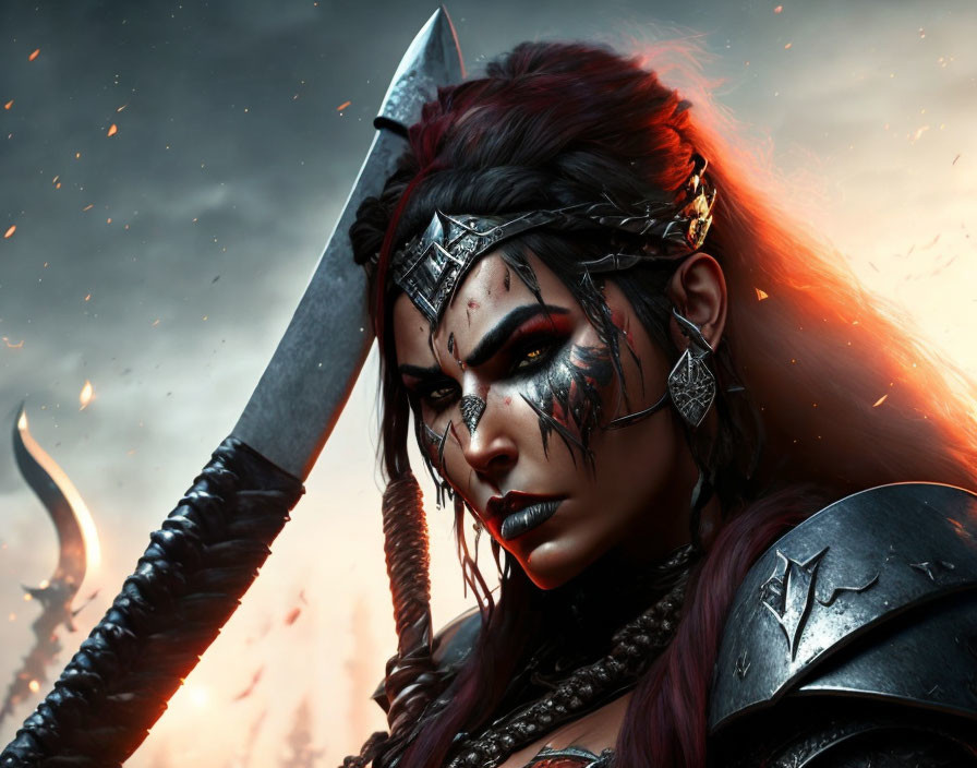 Warrior with face paint and crown brandishing sword under fiery sky