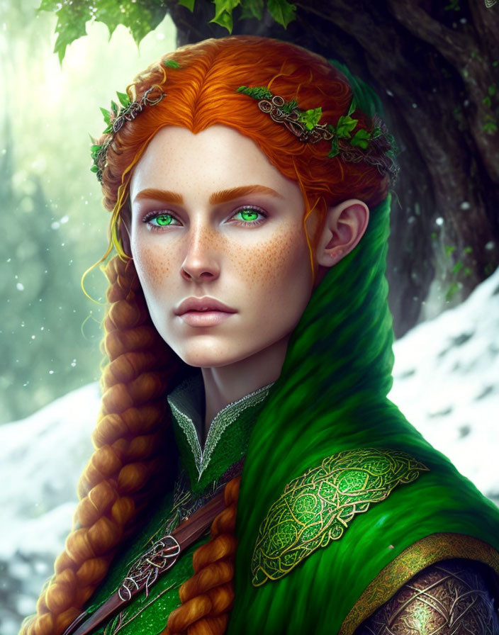 Fantasy elf woman digital portrait with red hair and leafy tiara