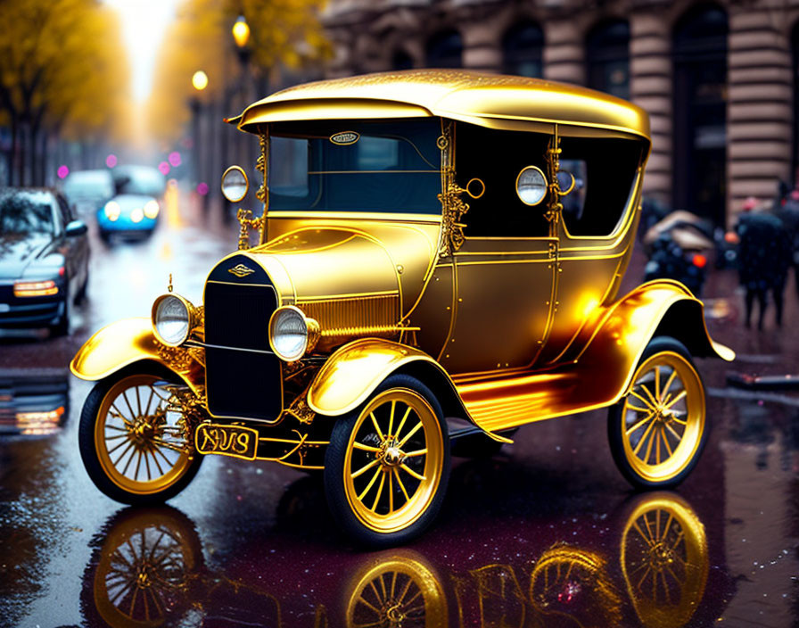 Vintage golden car on wet city street at dusk with blurred traffic and street lights