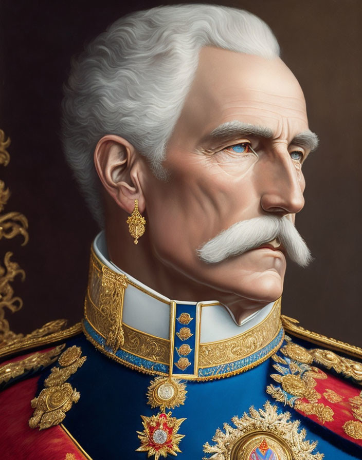 Elderly gentleman in military uniform with white hair and medals