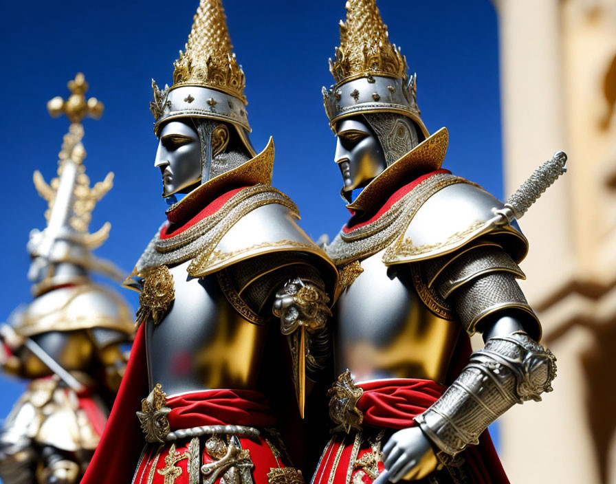 Ornate gold and silver knight figurines with red capes on blue background