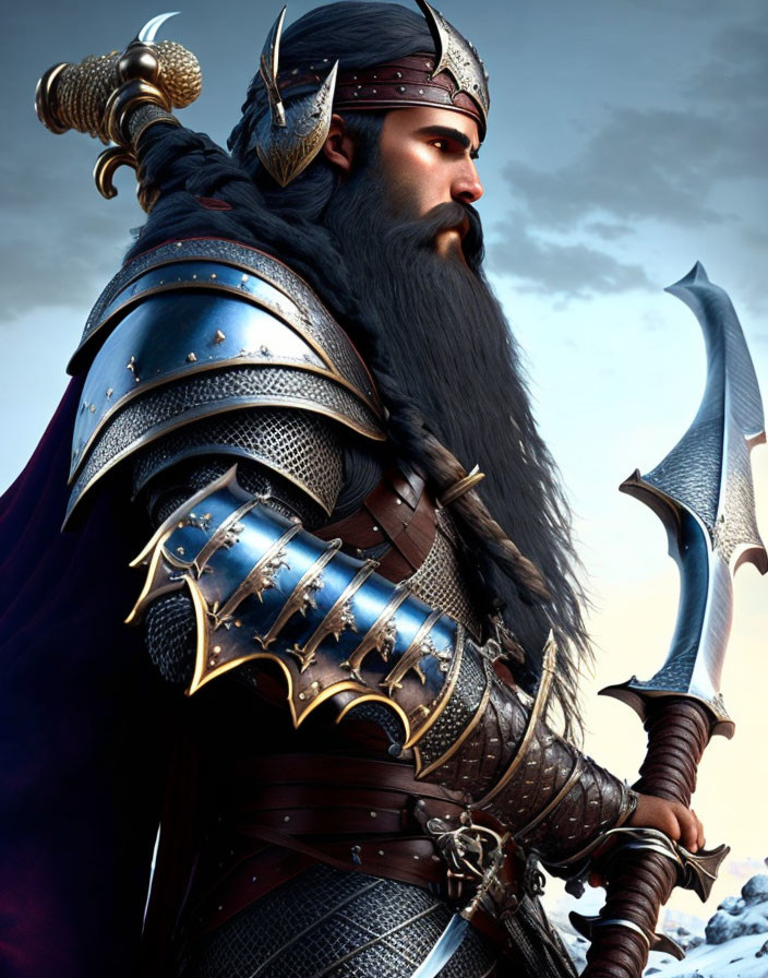 Digital artwork of bearded warrior in ornate armor with double-bladed axe