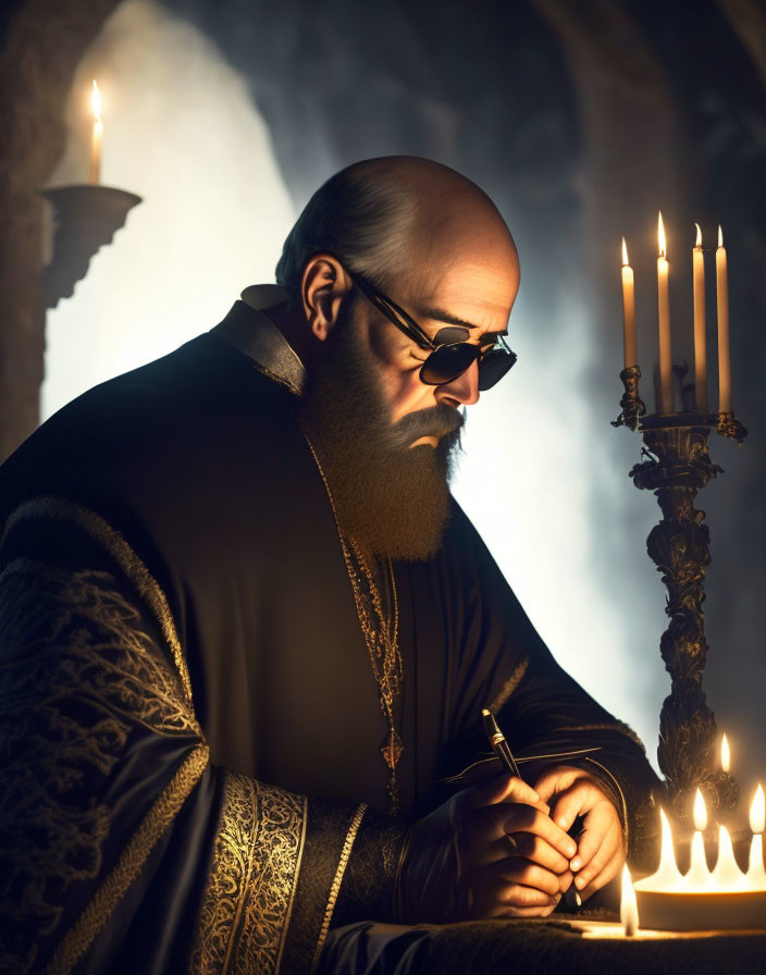 Bearded Man in Sunglasses Writing by Candlelight