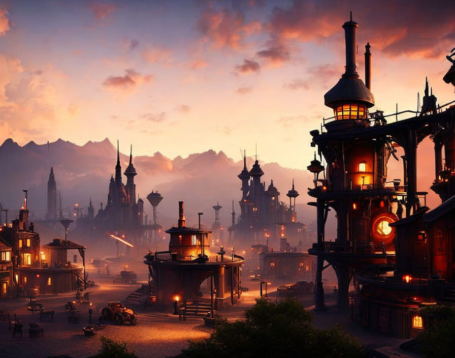 Fantastical sunset cityscape with glowing windows and steampunk elements