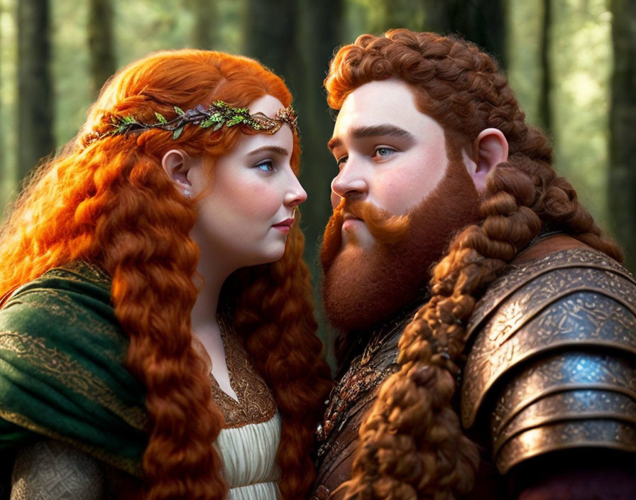 Red-haired princess and bearded prince in medieval attire gaze lovingly in sunlit forest