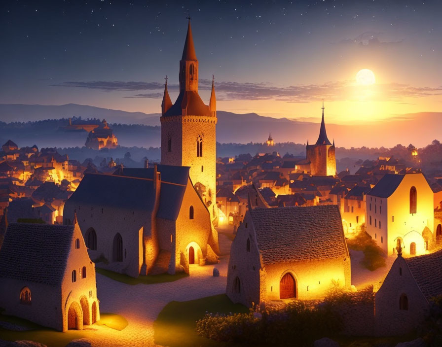 Medieval village at dusk with illuminated buildings under starry sky