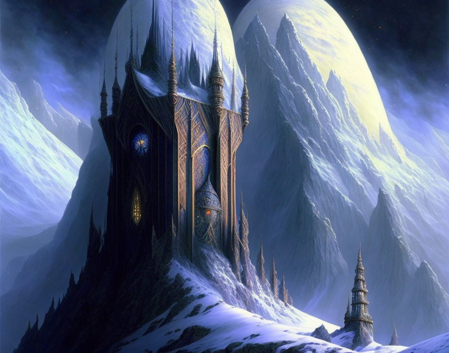 Castle on snowy mountaintop with illuminated windows under starry sky