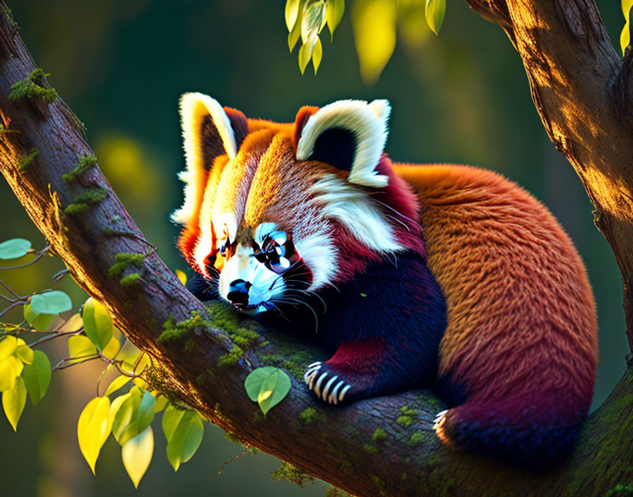 Red panda relaxing on tree branch in lush green foliage