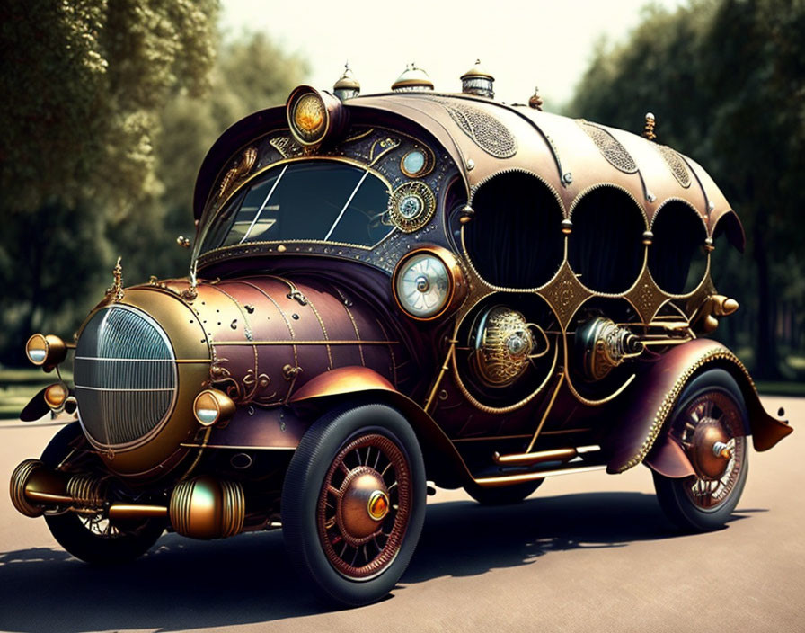 Steampunk-style vehicle with intricate metalwork and vintage design in park setting