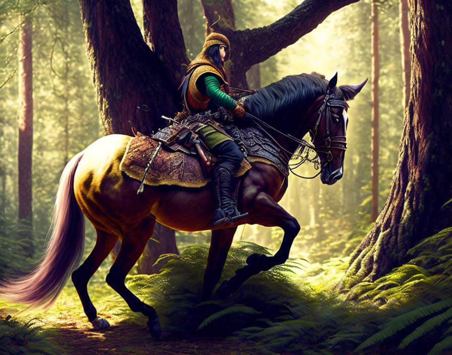 Green-armored knight on brown horse in sunlit forest with tall trees and lush ferns